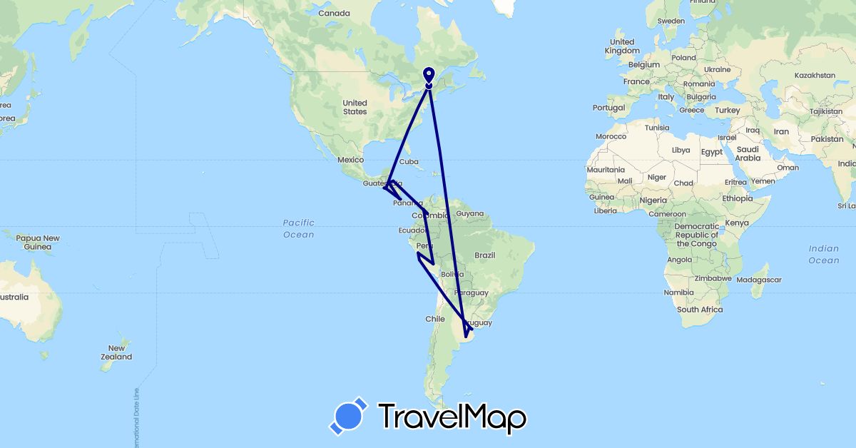 TravelMap itinerary: driving in Argentina, Canada, Colombia, Costa Rica, Honduras, Peru, El Salvador (North America, South America)